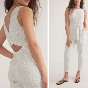 Marine Layer Eloise Belted Tie Waist Straight Leg Jumpsuit White Navy Stripe M